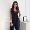 Women Summer Casual V-Neck Sleeveless Jumpsuit High Waist Wide Leg Trousers Solid Color Belt Sizes S-XXL