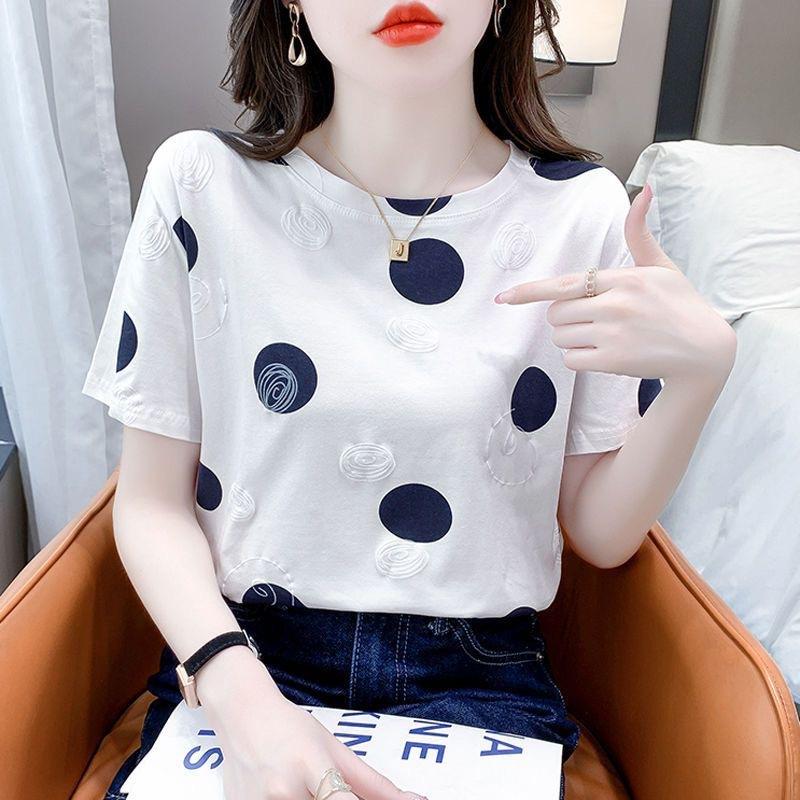 YYFS Women's Fashion Casual Summer Spring Polka Dot Print Short Sleeve O-Neck Blouses & Shirts