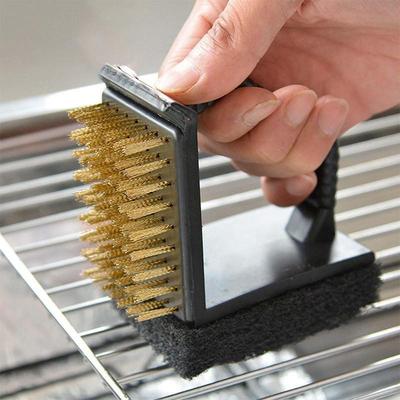 3-in-1-BBQ-Grill-Reinigungsbürste, Grill-Reinigungsset, Reinigungswerkzeug mit integriertem Stahlschaber, Metallborsten und Schwamm
