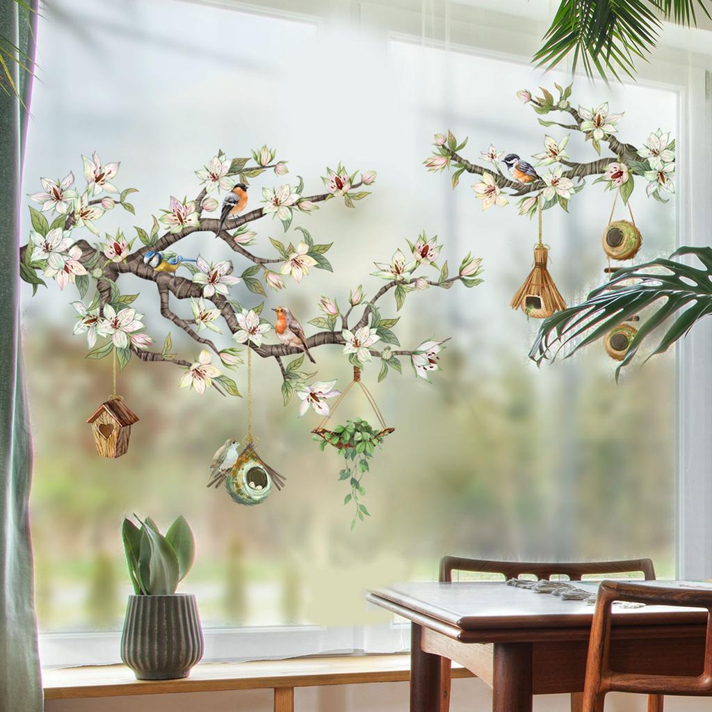 Uccelli su rami fioriti, adesivi murali rimovibili per finestre, decorazioni floreali artistiche per finestre in vetro.
