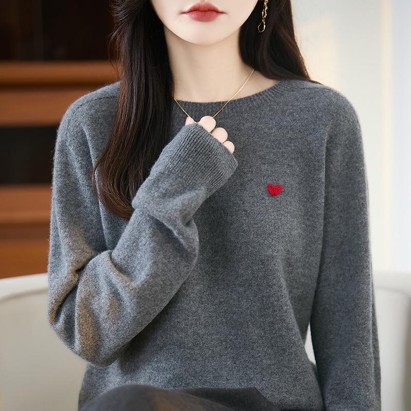 Heart Embroidery Pure Wool Round Neck Pullover Sweater - Autumn/Winter Collection