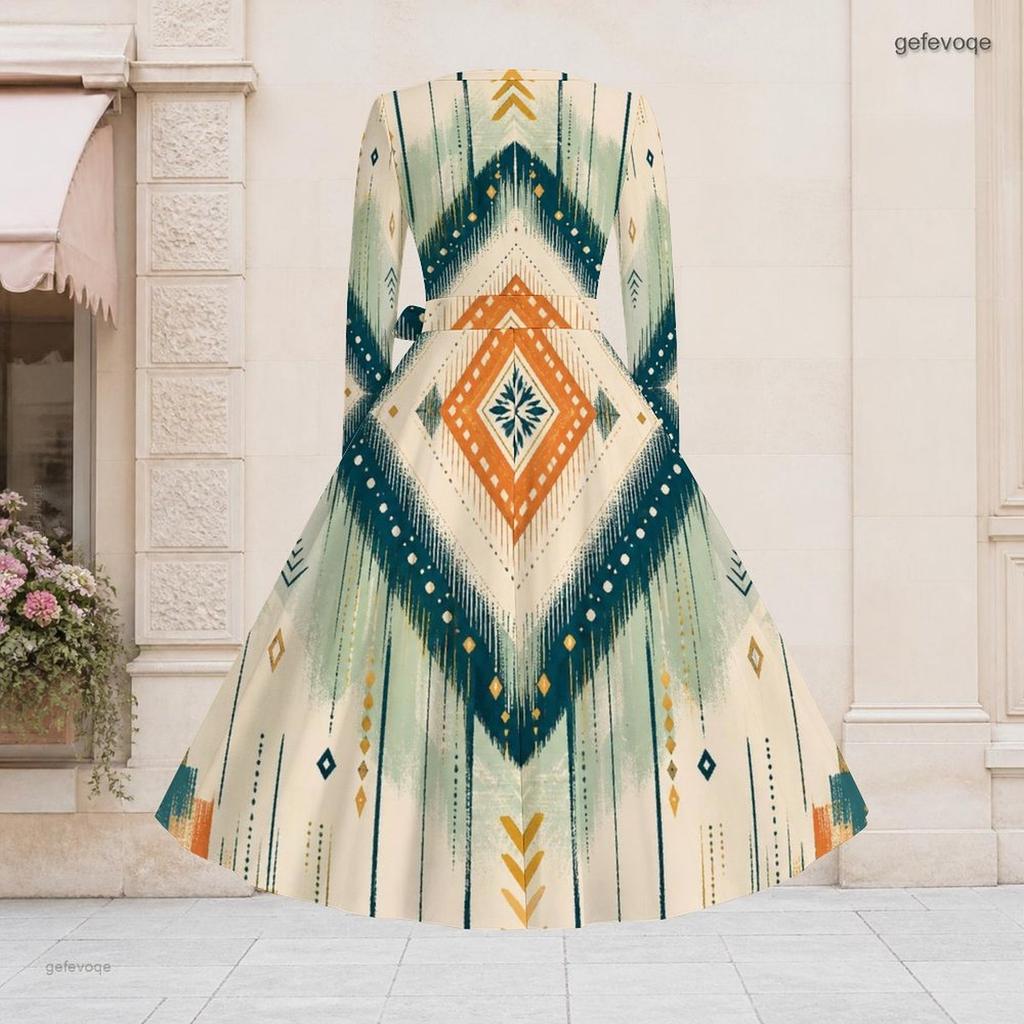 Women Plus Size V Neck Long Sleeve Printed Light Blue A Line Flared Dress With Belt