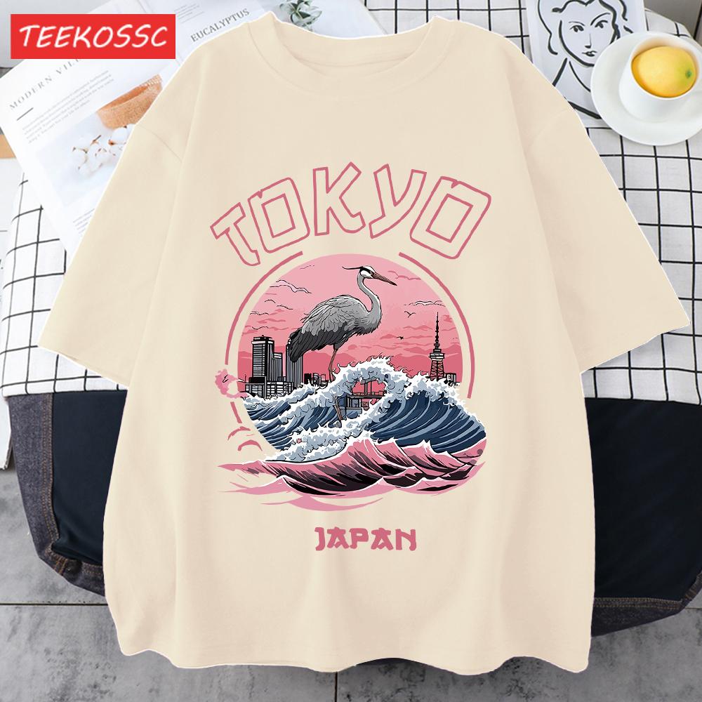 Tokyo Japan Harajuku Crane Waves Men TShirt AllMatch Casual Short Sleeve Cotton Summer Tee Male Hip Hop ONeck Streetwear