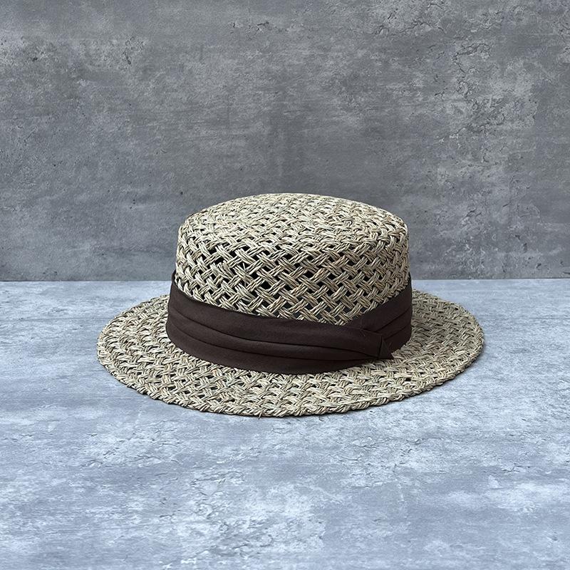 Summer Retro Salty Grass Woven Flat Top Wide Brim Top Hat Men'S And Women'S Sunshade Holiday Beach Straw Hat