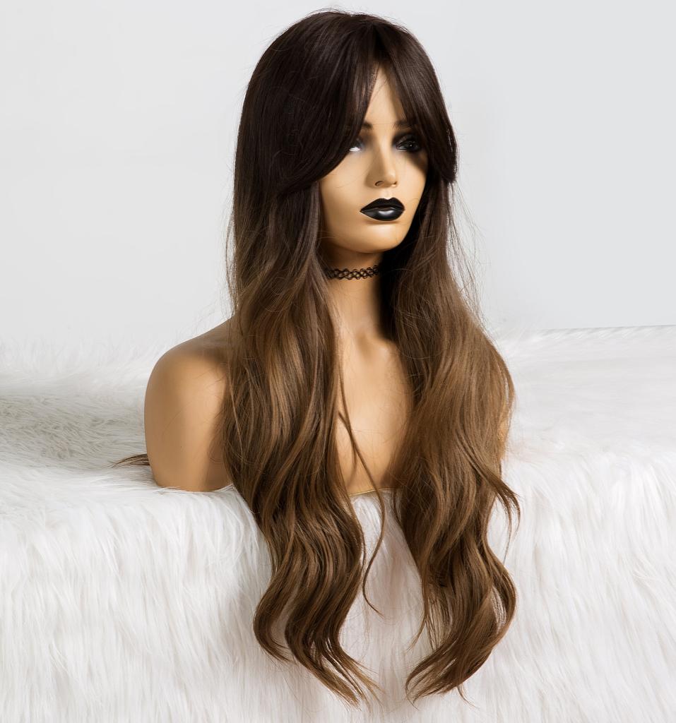 ALAN EATON Long Wavy Ombre Black Dark Brown Wig with Bangs Wave Heat Resistant Synthetic Wigs for Women African American Cosplay