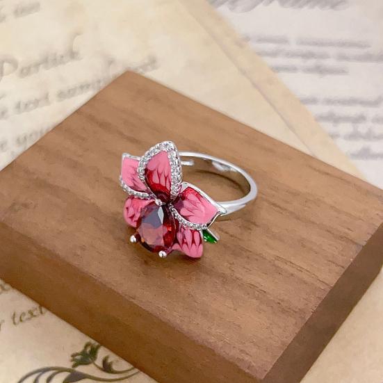 Women Flower Ring Faux Ruby Decor Smooth Polished Index Finger Ring Copper Cocktail Party Prom Commuting Finger Jewelry Holiday Gift