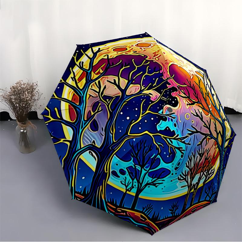 1pc Moonlit Forest Automatic Folding Umbrella Compact Lightweight Travel Umbrella with 8-Rib Sturdy Frame, Windproof & Self066