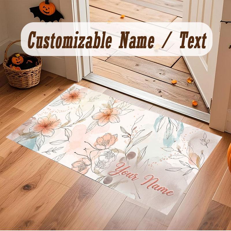 Floral Garden Theme Crystal Velvet Floor Rug Personalized Custom Name Text Warm Carpet Home Decoration