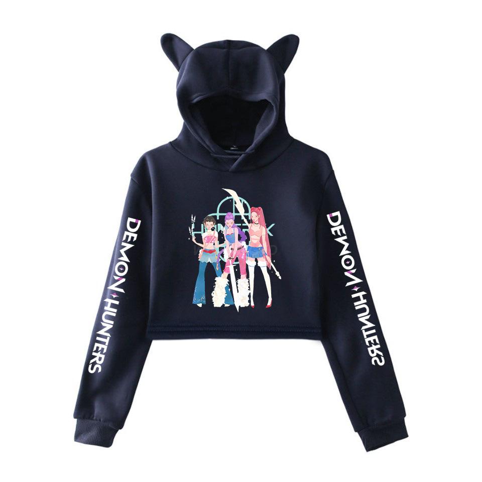 

Аниме K-pop Охотники на демонов Укороченные худи Женские Девушки Мода Уличная одежда Толстовки Длинный рукав С кошачьими ушками Пуловеры Короткие топы XXS темно-синий