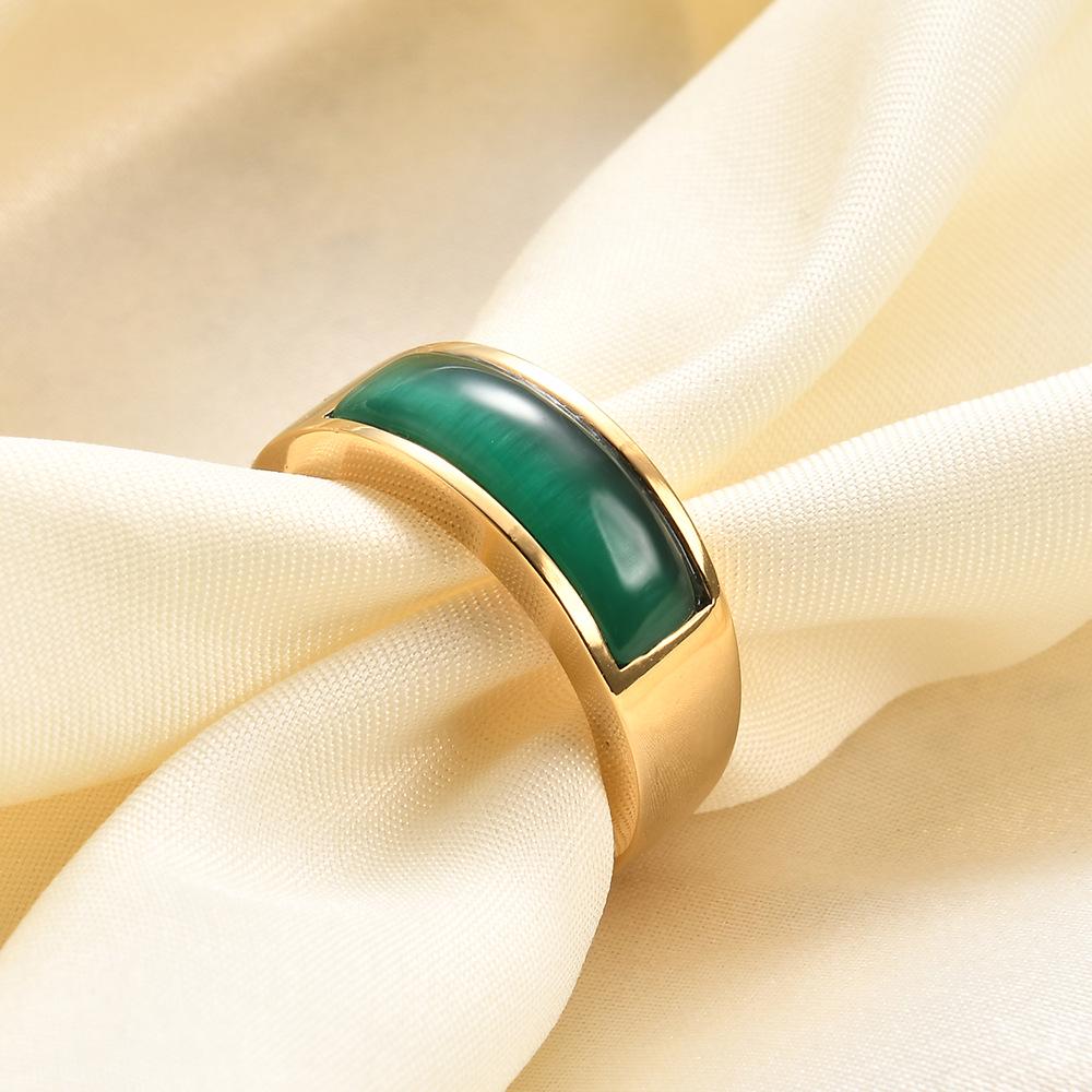 Anello Retro Europeo e Americano in Acciaio Inossidabile Verde Giada Occhio di Gatto per Donna