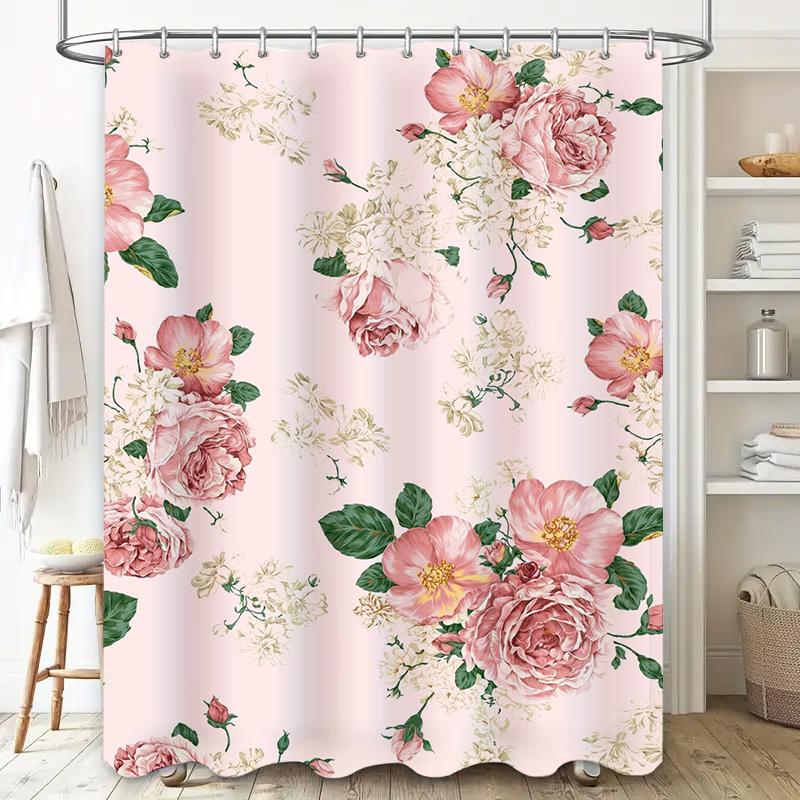 Vintage Pink Floral Shower Curtain with Green Leaves Decorative Bathroom Waterproof Fabric European Style Modern Home Decoration