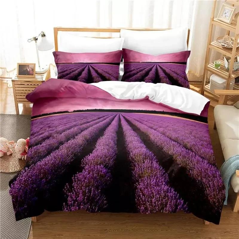 Lavendel Bettbezug Set King Size Lila Blume Romantisches und Schönes Bettwäscheset für Mädchen Frauen 2/3tlg. Polyester Steppdeckenbezug