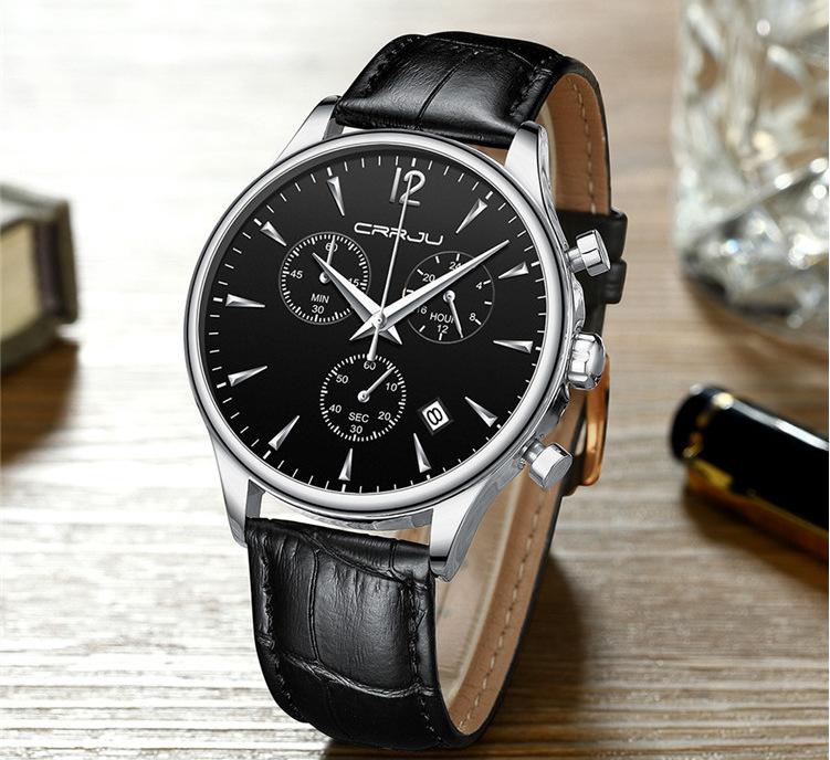 CRRJU New Leather Strap Men's Watch 2313 Steel Strap Watch Simple Business Personality Men Fashion Waterproof