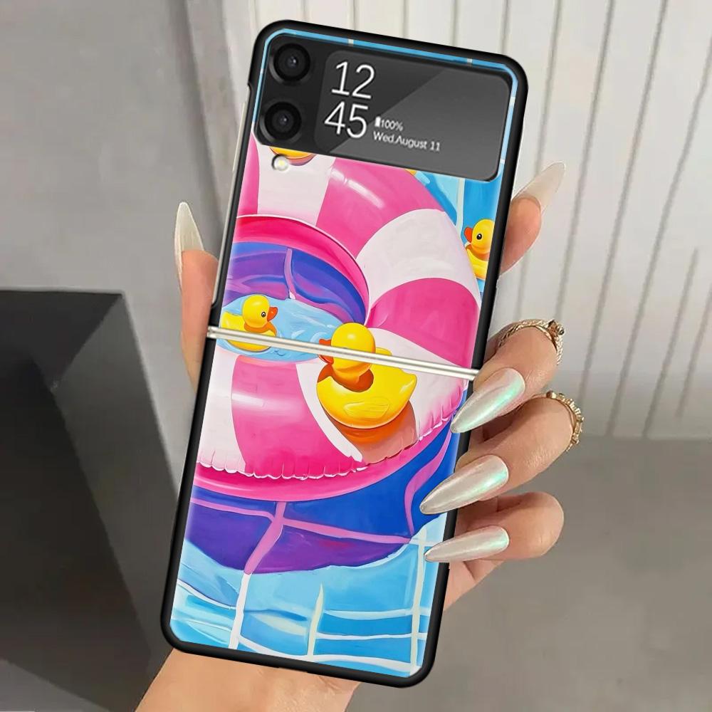 Rubber Ducks Swimming Pool Hard PC Phone Case For Samsung Galaxy Z Flip 7 6 5 4 3 Black ZFlip7 ZFlip6 Flip5 Flip4 Flip3 5G Print