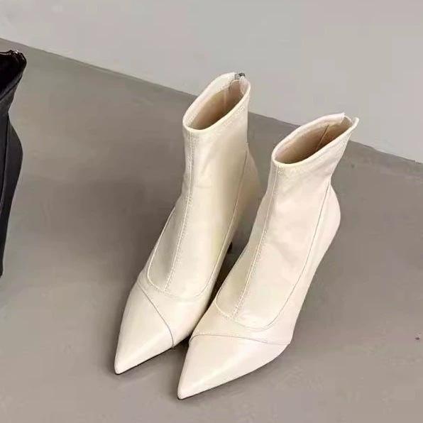 French pointed thin heel short boots women's autumn and winter high heel thin boots temperament brown leather zipper ankle boots