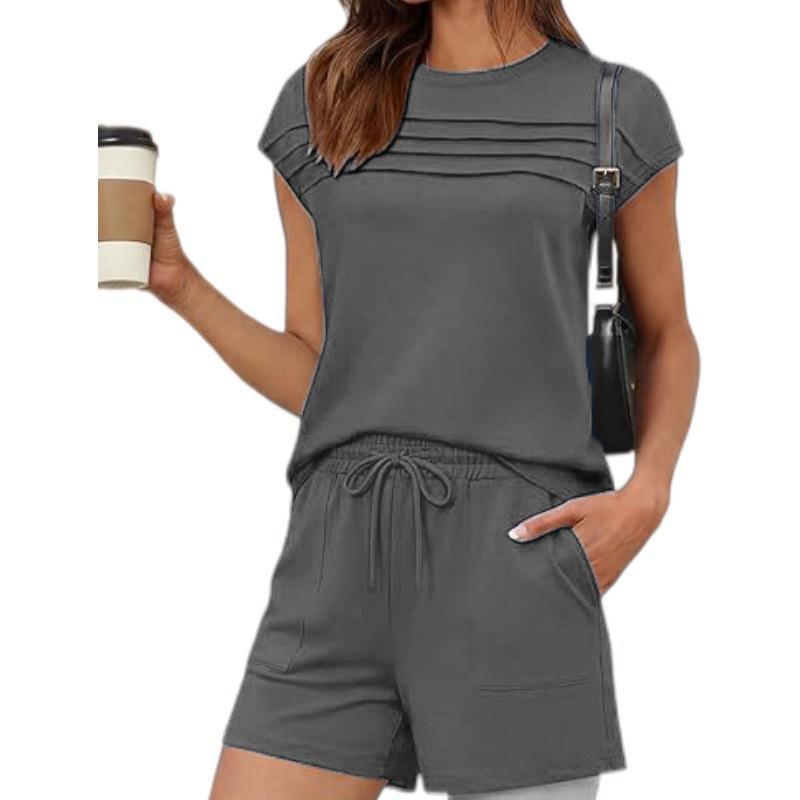 Women's Round Neck Short Sleeve Loose Fit Pleated Solid Color 2 Piece Loungewear Set Drawstring Waist Casual Shorts Daily Sleepwear Outfit