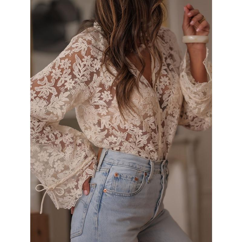 Women Casual Hollow Out Lace Long Sleeve Blouse