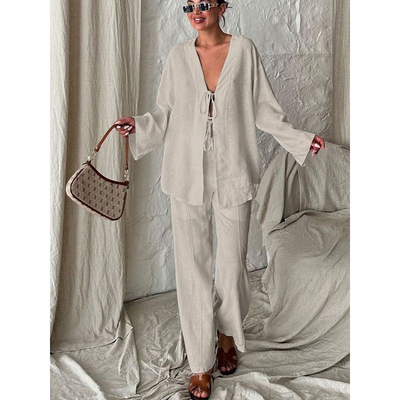 European and American Women clothes 2025 New Cotton Cardigan Lace-up Long sleeve Trousers Home Wear Loose Casual Two-piece Set Suit