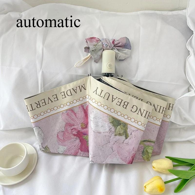 

Ретро масляная живопись трехсекционный автоматический зонт от солнца с черным клеем, устойчивый к УФ-лучам metal-fiber composite&8K