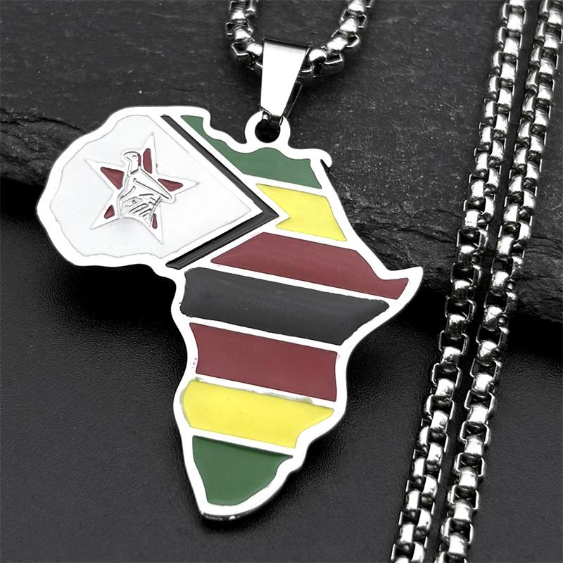 African Zimbabwe Map Flag Pendant Necklace for Women Men Stainless Steel Enamel Gold Color Ethnic Africa Chain Jewelry Gift