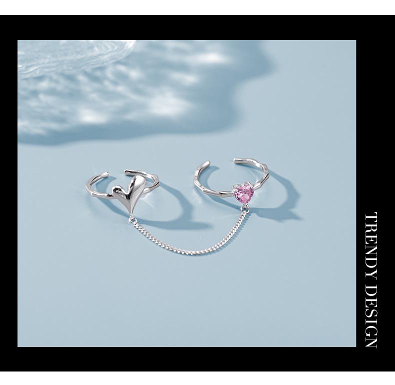 Banyan Tree S925 Silver Double Love Ring: Cold Style Open Index Finger & Chain Trend for Women