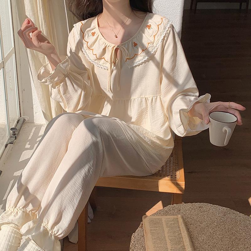[D] Oh Mi Da Spring and Autumn New Product Sweet Solid Color Doll Collar Princess Style Pajama Set Women's Loungewear