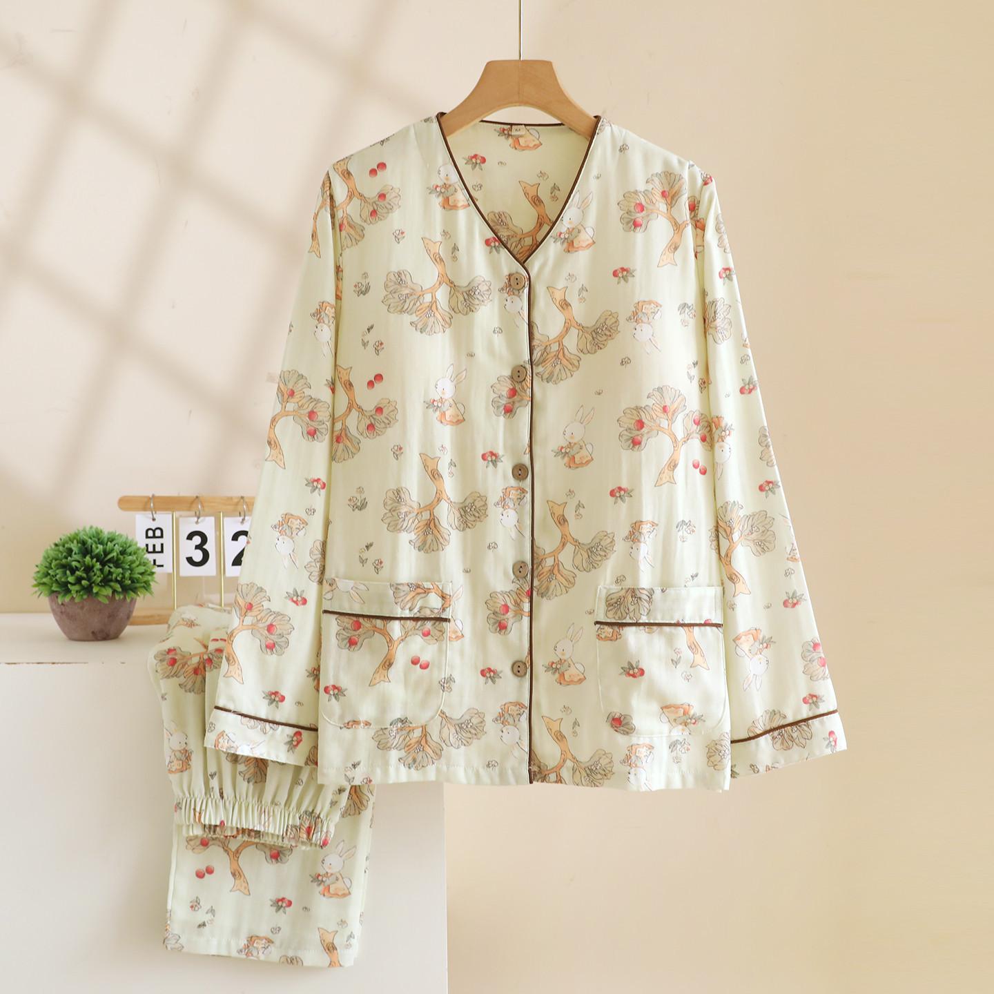 

2026 New Spring and Autumn Women s Pajama Set 100% Cotton Gauze with Chest Mat Long Sleeve Two Piece Set Printed Home Clothes 1XL
