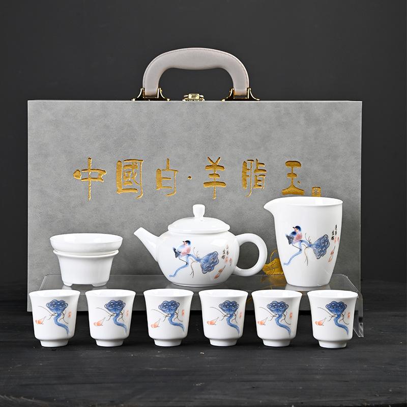 Conjunto de chá de porcelana branca jade suet, conjunto kung fu de bule, um conjunto completo de xícaras para fazer chá doméstico