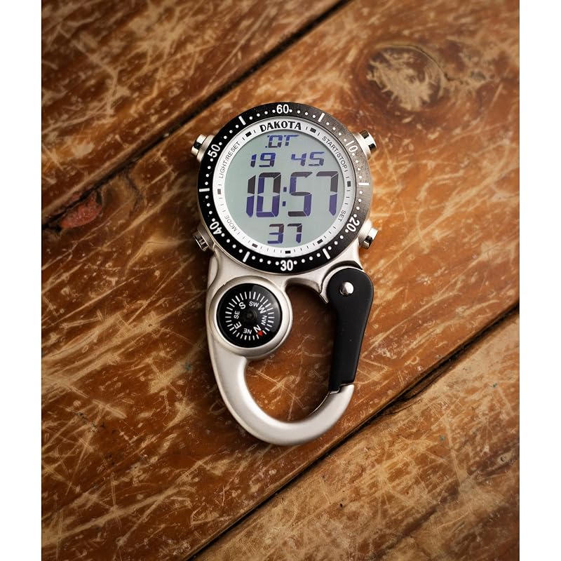 Dakota Pocket Watch with Carabiner, Digital, Waterproof, Alarm, Stopwatch, Timer, Compass, for Outdoor Activities, Camping, Hiking, and Travel