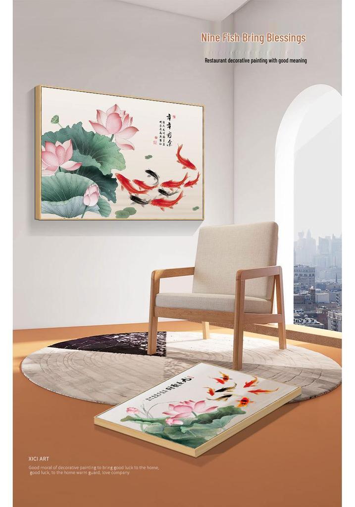 Nine Fish Wealth & Abundance Lotus Painting - New Chinese Style Decorative Wall Art for Dining Room