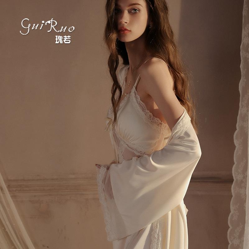 DZ Guiruo Brand Underwear Sexy Deep V Plus Chest Pad Perspective Lace Suspender Nightdress Robe Pure Desire Set 1890
