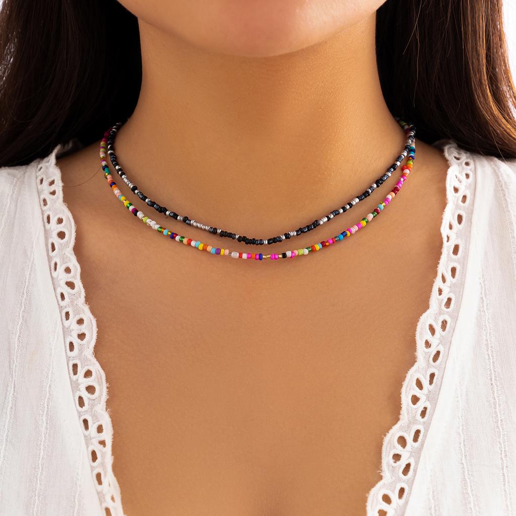 Lacteo Bohemia Multicolour Acrylic Seed Beads Necklace Women Handmade Strand Beaded Choker Short Neck Chain Simple Jewelry Party