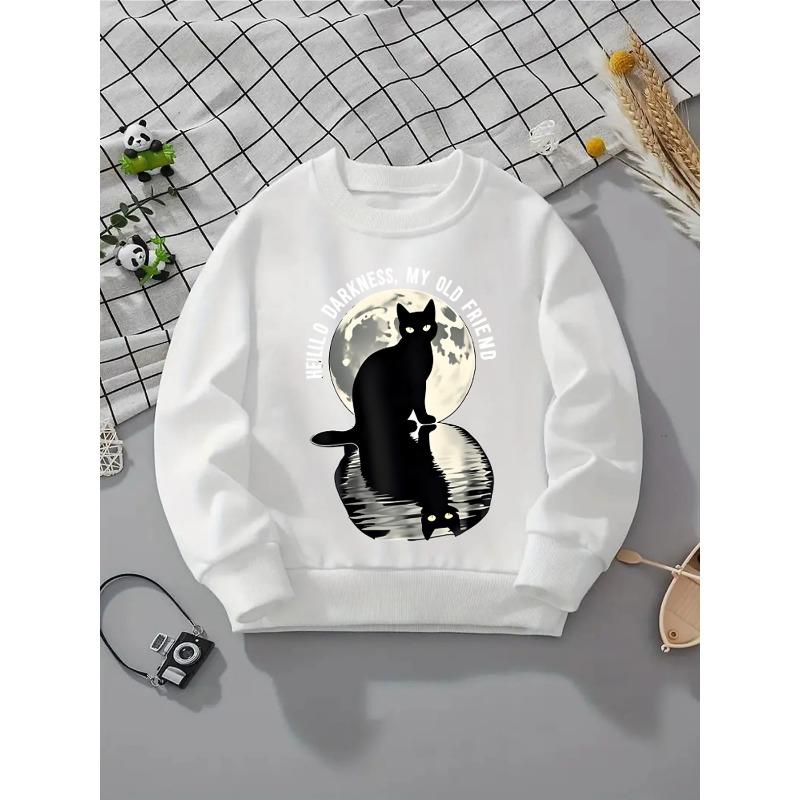 European Sizes Girls' Crewneck Sweatshirt - Black Cat Moon Reflection Water Night, Soft Comfy Sportswear for Children & Teens