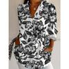 Large Size Women's Long-sleeved Shirt, Floral Print Shirt, Medium and Long Girls' Shirt with Black and White Leaf Elements