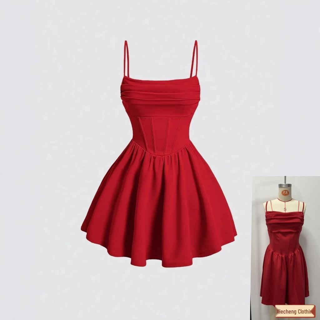 New Summer Fashion Evening Gown: Sexy Solid Color Pleated Dress with Back Zipper & Spaghetti Straps
