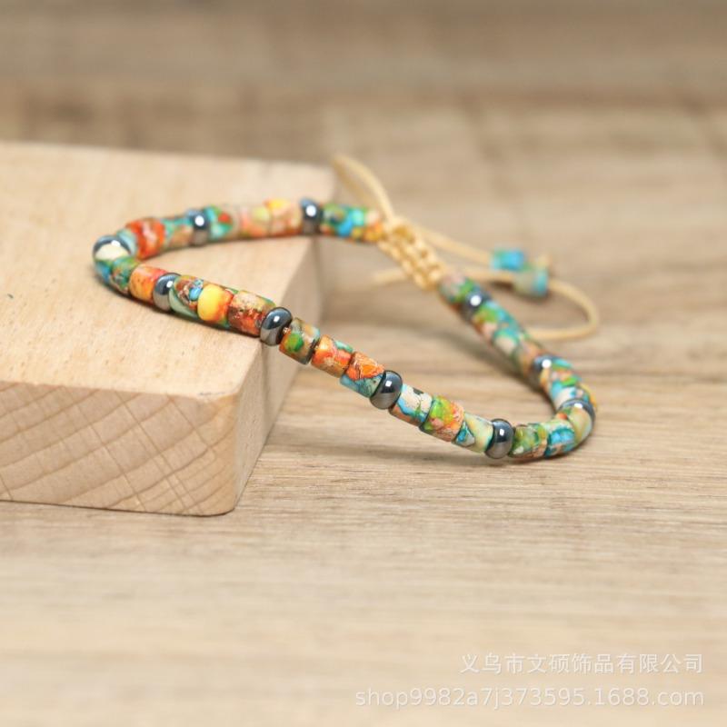 Rainbow Imperial Jasper Square Bead Bracelet – Hematite Accent Adjustable Boho Jewelry, Joy Energy Gift for Men & Women