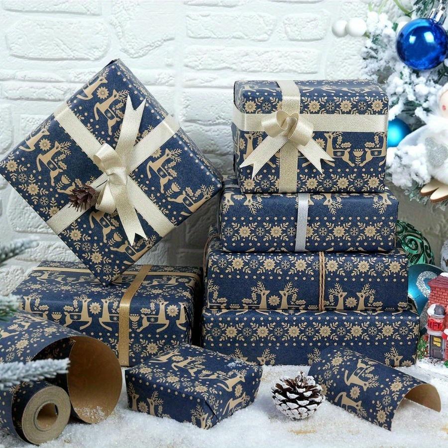 1 Rolle Weihnachtsgeschenkpapier Schneeflocke Rentier Aufdruck Marineblau Kraftpapier für Weihnachten Neujahr Winterurlaub