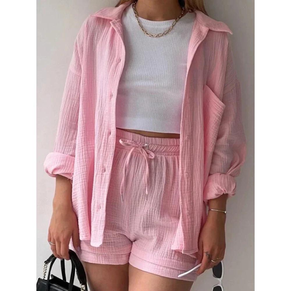 

Летний женский костюм, короткие комплекты, наряд, костюм для женщин 2024, двухкомпонентная женская одежда, однотонный пляжный комплект, комплект из двух частей XL светло-розовый