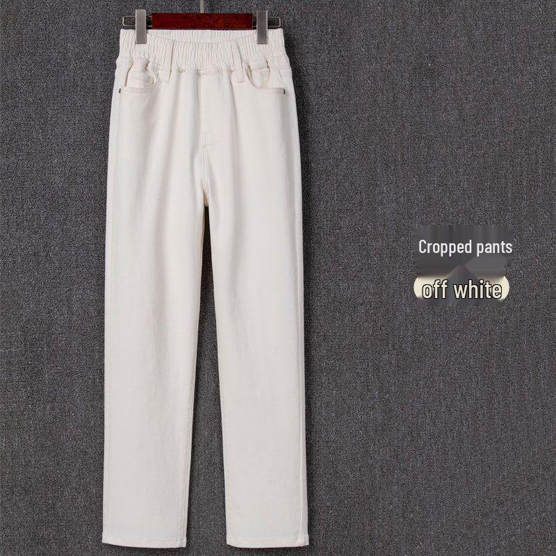 Off-white Plus Size Elastic Waist Cropped Jeans - High Waist Spring Straight Leg Baguette Style L (100-120 catty)