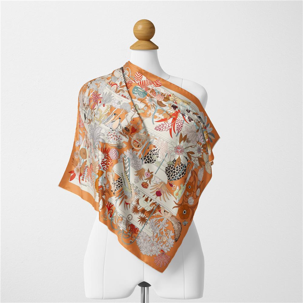 Twill Silk Scarf Woman Treasure Park Print Square Scarves Wraps Bandana Small Hijab Silk Foulards Tie Headband Neckerchief 53CM