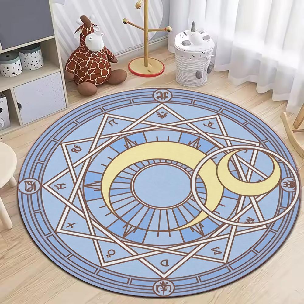 Dunkler Grund Gelbe Linie Magisches Pentagramm runder Teppich funktioniert als Gaming-Stuhl Bodenschutzmatte für Spielzimmer Schlafzimmer Heimdekoration