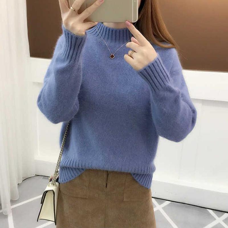 Podzimní a zimní dámský svetr s polopřiléhavým rolákem, pletený pulovr, svetr, košile