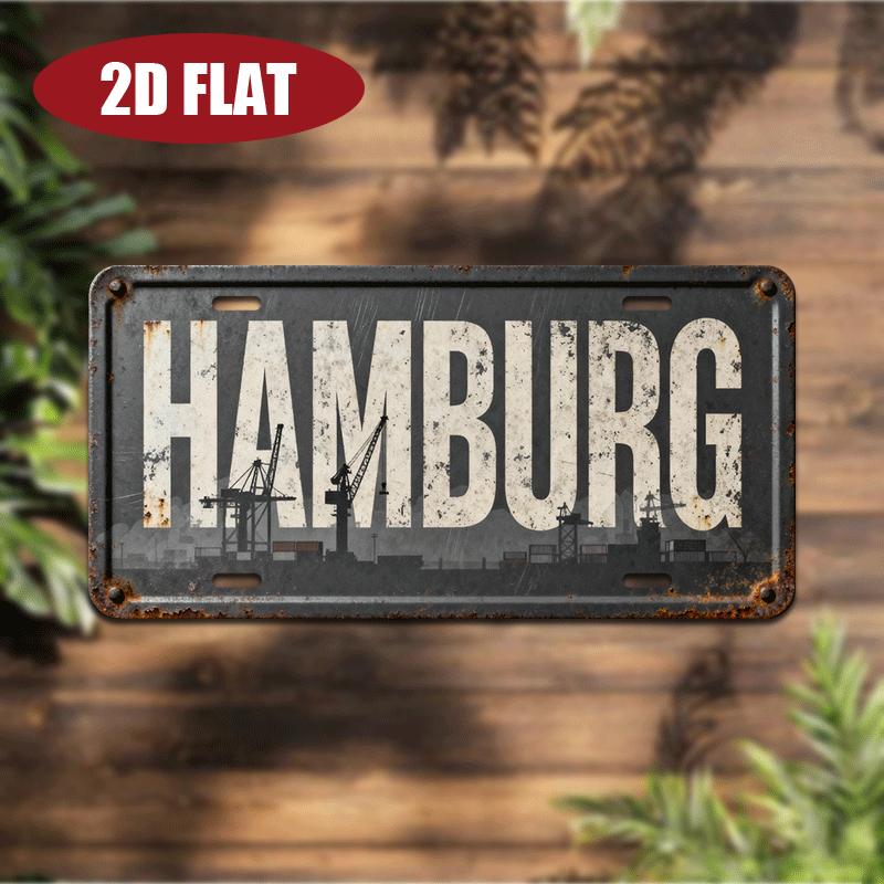 D Flat Hamburg German City Landmark Name Theme Aluminum License Plaque European City Culture Metal License Plate Design 15x30cm(5.9x7.8inch)