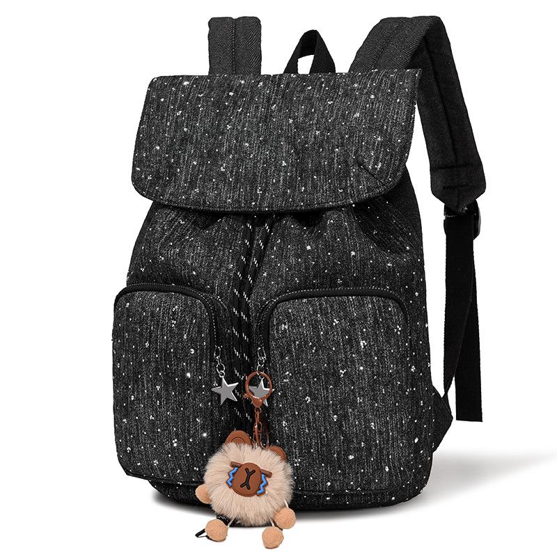 Denim Backpack Preppy Student Schoolbag Large Capacity Shoulder Bag чёрный