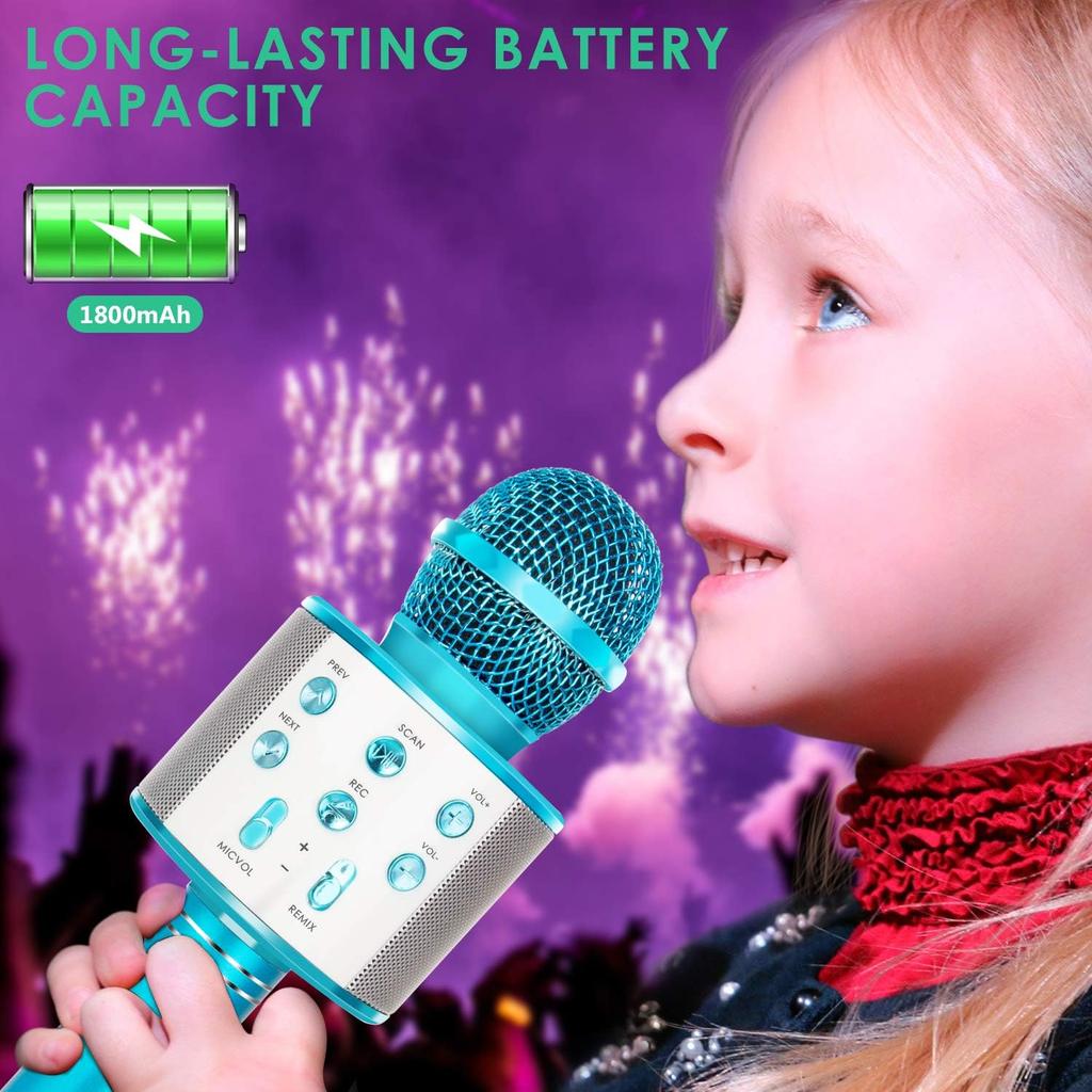 Wireless Bluetooth Karaoke Microphone for Kids, 5-in-1 Portable Handheld Karaoke Mic Speaker Player Recorder with Adjustable Remix FM Radio