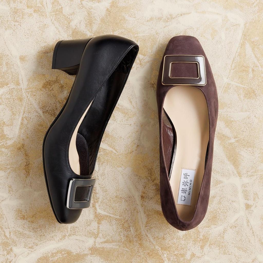 HIMIKO square-toe chunky heel pumps with 5cm cushioned genuine leather and square buckle, size 653302, black, size 230.
