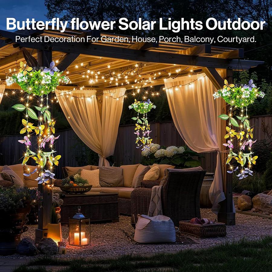 2 Pcs Solar Artificial Vines Hanging Light LED Fairy Lights Fake Butterfly Flower Decor Waterproof Garden Patio Festive