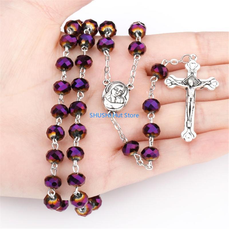 Crystal Beads Rosary Necklace Catholic Holy Land Baby Christian Jesus for Cross Necklaces Religious Jewelry Men D57B