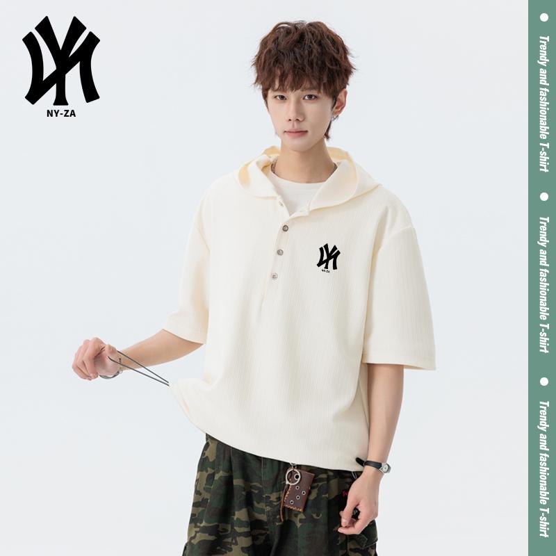 Street style hooded short sleeved T-shirt, summer loose trendy brand hooded half sleeved shirt