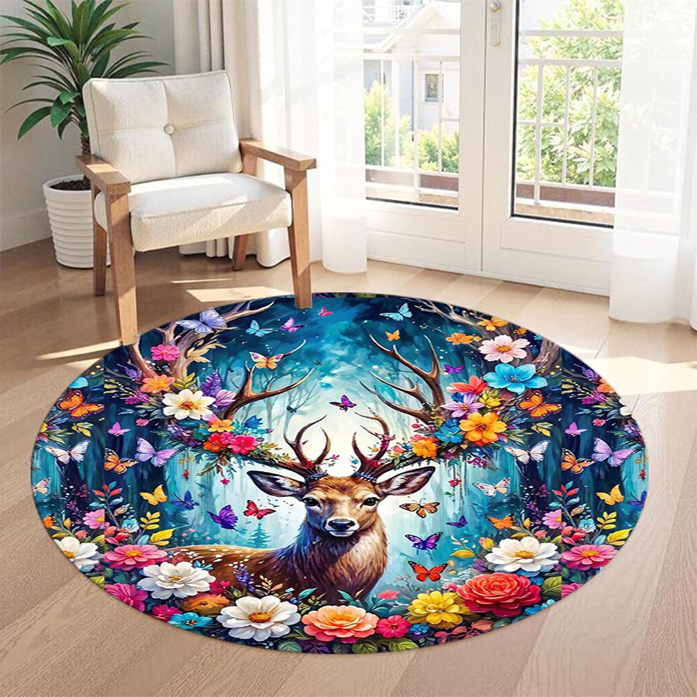 Elk Round Floor Mat Design for Dining Room Entryway Bedrooms Game Room Anti-slip Round Rug Decorate Offices Perfect Gift for Friends Family